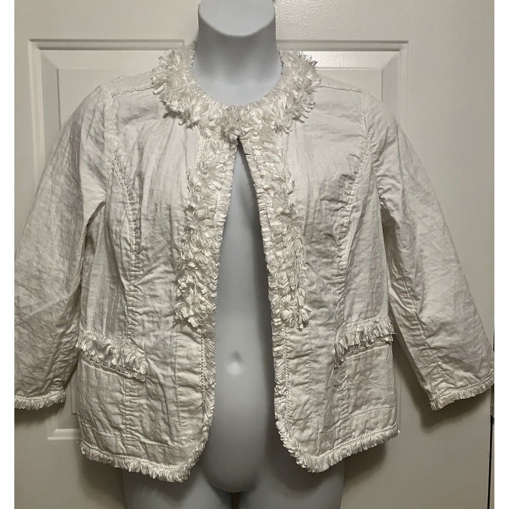 Chico's White Cotton Spring Jacket‎ Size 2 Women's Medium 8 Fringe Hem Boho